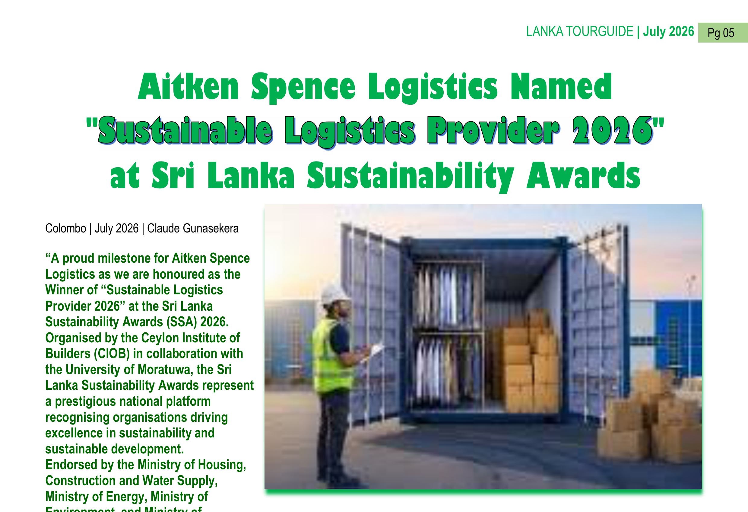 Aitken Spence as 'Sustainable Logistics Provider 2026'